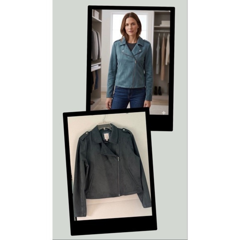 LC Lauren Conrad Women Faux Suede Moto Chic Jacket Teal Blue L Asymmetric Zip
